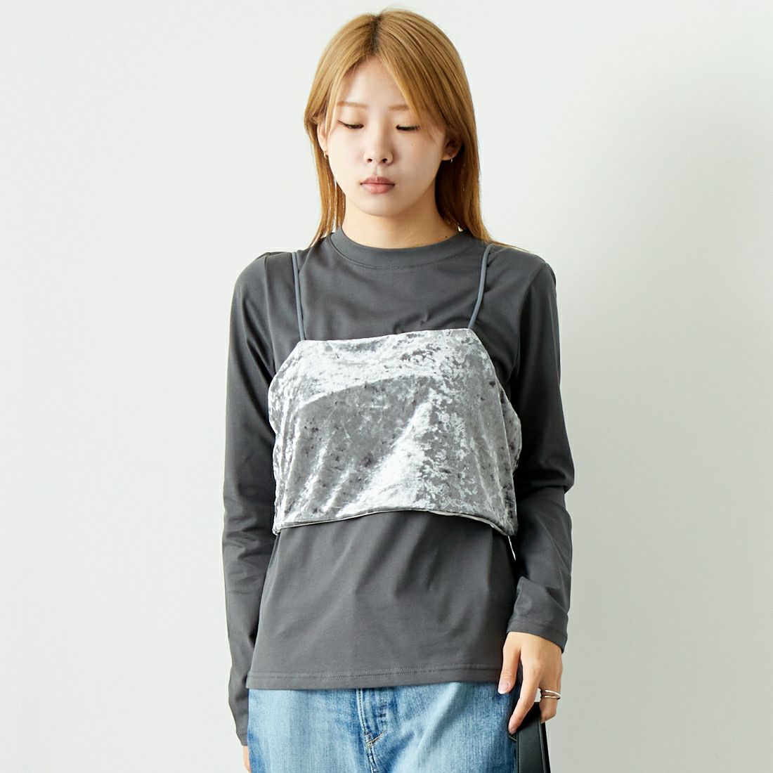 CLOCHE [クロシェ] ベロアビスチェ×カットソー [45285605] ﾁｬｺｰﾙ &&モデル身長：167cm 着用サイズ：2&&