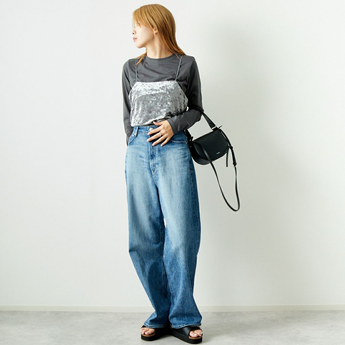 CLOCHE [クロシェ] ベロアビスチェ×カットソー [45285605] ﾁｬｺｰﾙ &&モデル身長：167cm 着用サイズ：2&&