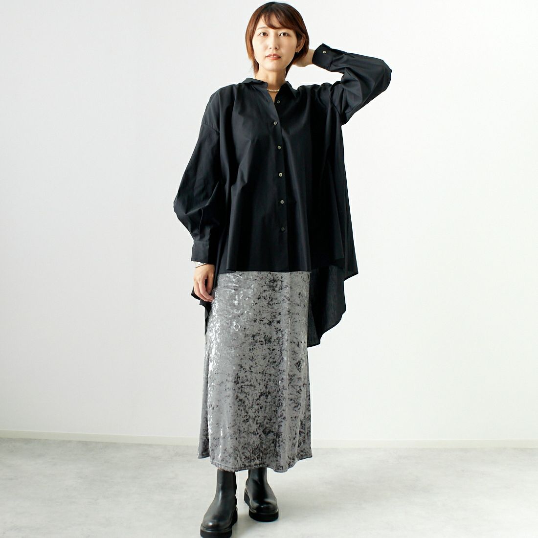CLOCHE [クロシェ] クラッシュベロアスカート [45286527] ﾁｬｺｰﾙ &&モデル身長：167cm 着用サイズ：2&&