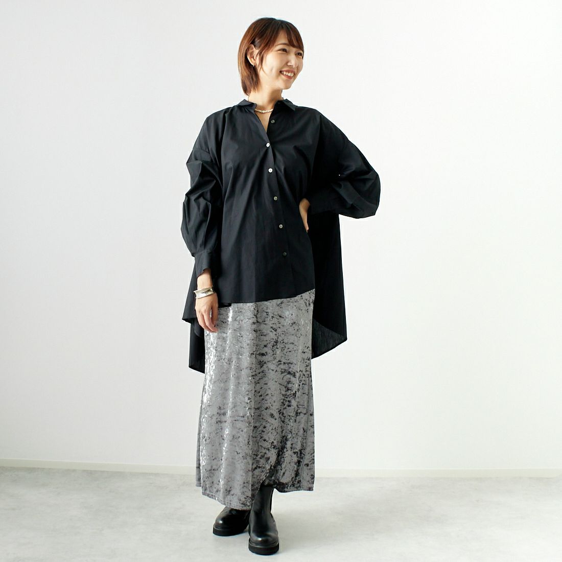 CLOCHE [クロシェ] クラッシュベロアスカート [45286527] ﾁｬｺｰﾙ &&モデル身長：167cm 着用サイズ：2&&