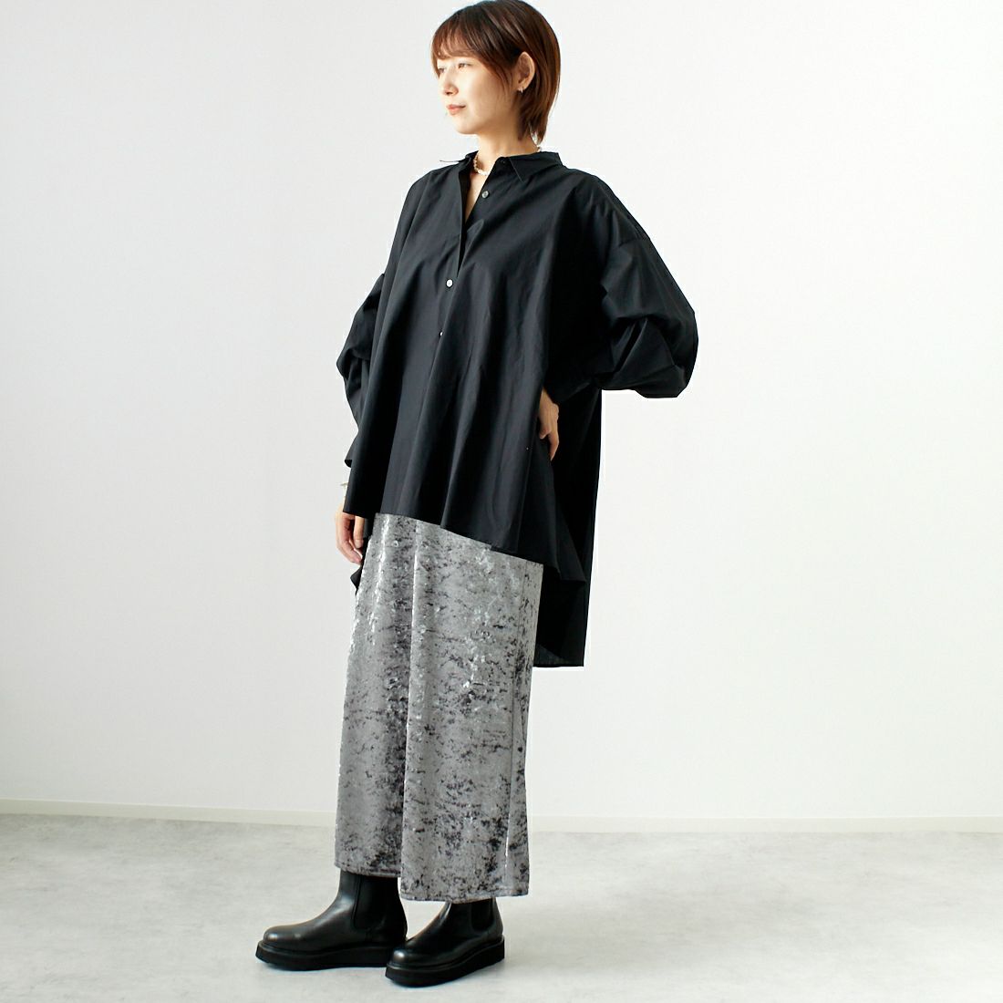 CLOCHE [クロシェ] クラッシュベロアスカート [45286527] ﾁｬｺｰﾙ &&モデル身長：167cm 着用サイズ：2&&