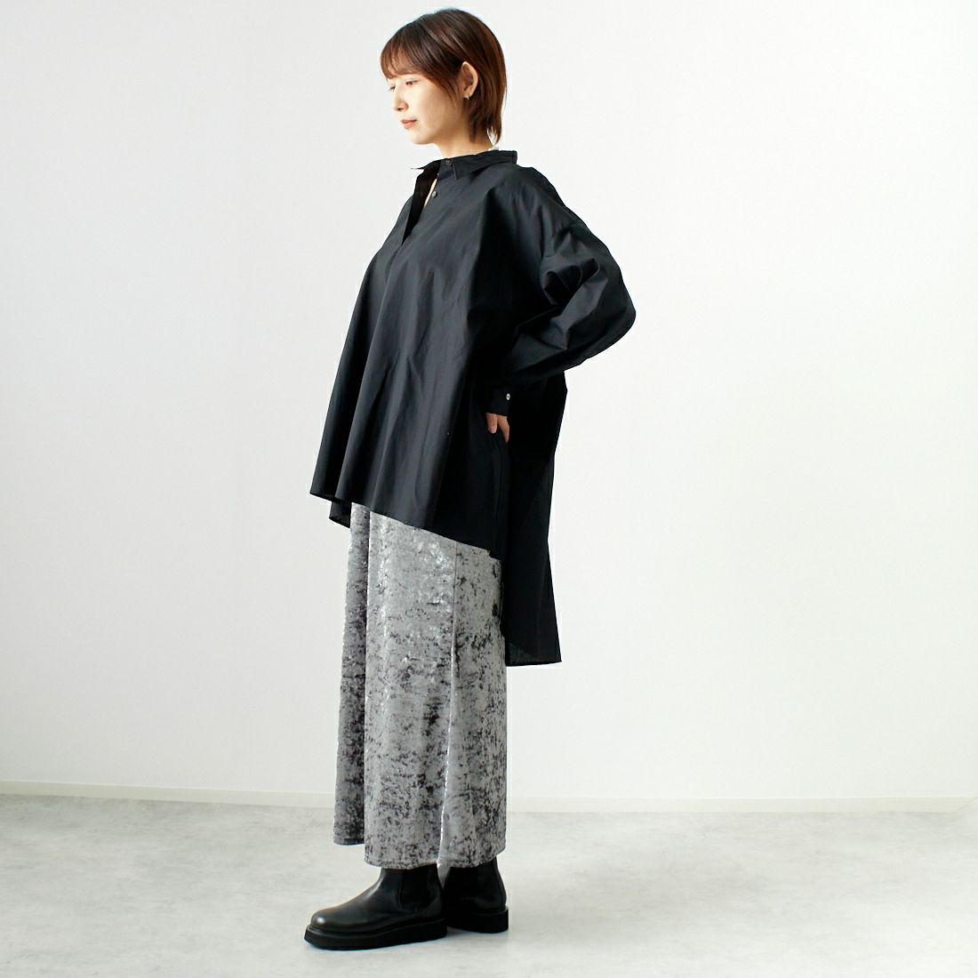 CLOCHE [クロシェ] クラッシュベロアスカート [45286527] ﾁｬｺｰﾙ &&モデル身長：167cm 着用サイズ：2&&