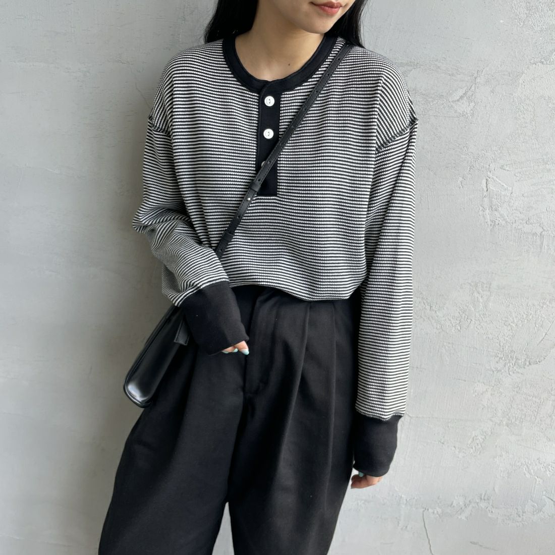 Health knit [ヘルスニット] 別注 ヘンリーネック ワッフルボーダーカットソー [HR2302L005IN-JF]