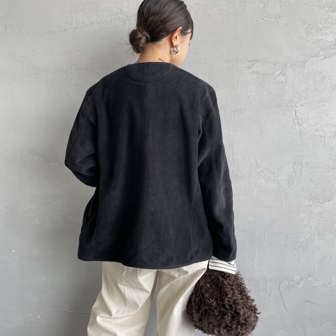 DANTON [ダントン] ノーカラーフリースジャケット [JD-8911] BLACK &&モデル身長：150cm 着用サイズ：34&&