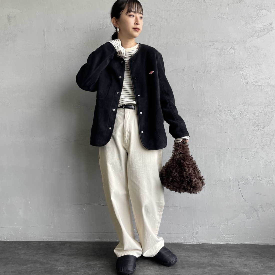 DANTON [ダントン] ノーカラーフリースジャケット [JD-8911] BLACK &&モデル身長：150cm 着用サイズ：34&&