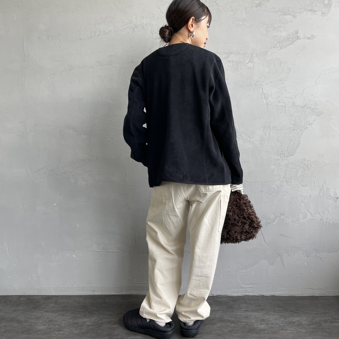 DANTON [ダントン] ノーカラーフリースジャケット [JD-8911] BLACK &&モデル身長：150cm 着用サイズ：34&&