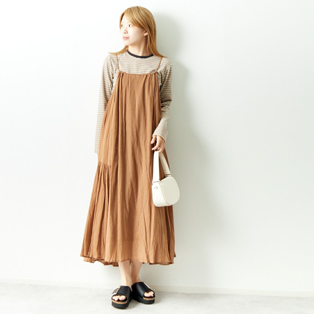 Jf Ready Made [ジェイエフレディメイド] クラッシュオーバーギャザーキャミワンピース [4124172] ｷｬﾒﾙ &&モデル身長：167cm 着用サイズ：F&&