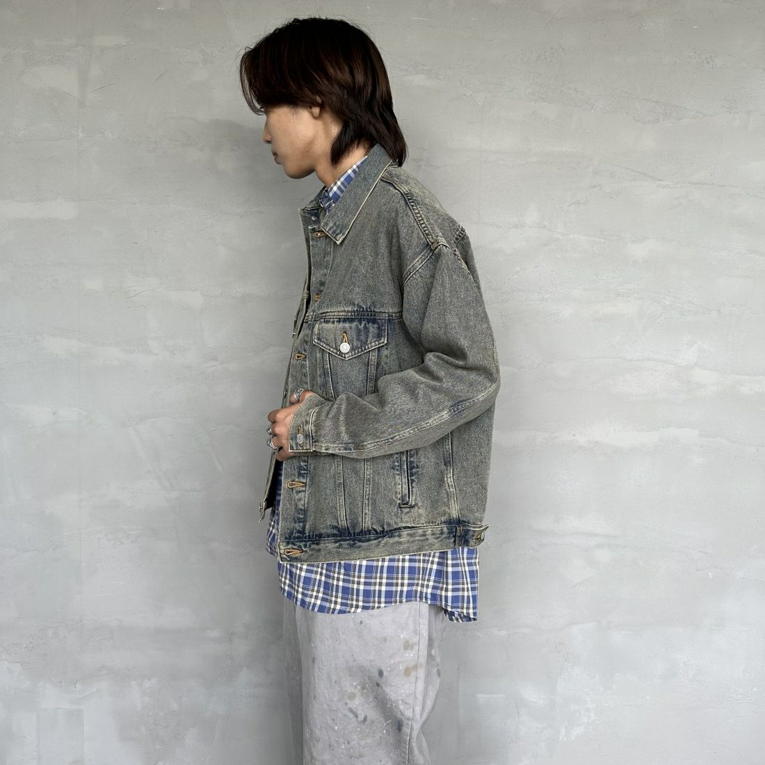 Noir Fabrik [ヌワールファブリック] デニムトラッカージャケット [NF-243-064] T.ACID BLU&&モデル身長：179cm 着用サイズ：L&&