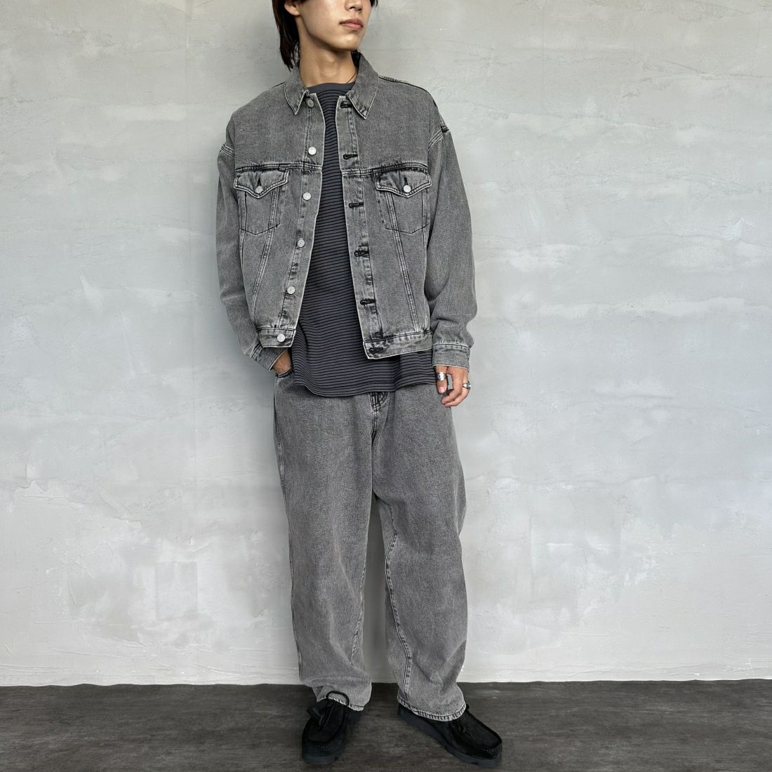 Noir Fabrik [ヌワールファブリック] デニムトラッカージャケット [NF-243-064] ACID BLK&&モデル身長：179cm 着用サイズ：L&&