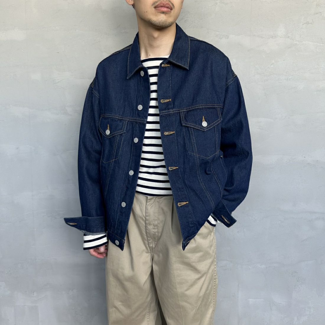 Noir Fabrik [ヌワールファブリック] デニムトラッカージャケット [NF-243-064] ONE WASH&&モデル身長：168cm 着用サイズ：M&&