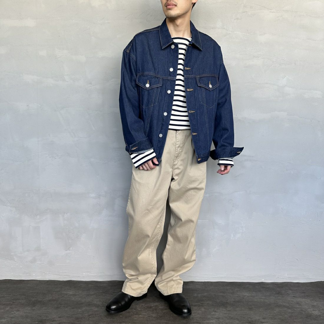 Noir Fabrik [ヌワールファブリック] デニムトラッカージャケット [NF-243-064] ONE WASH&&モデル身長：168cm 着用サイズ：M&&