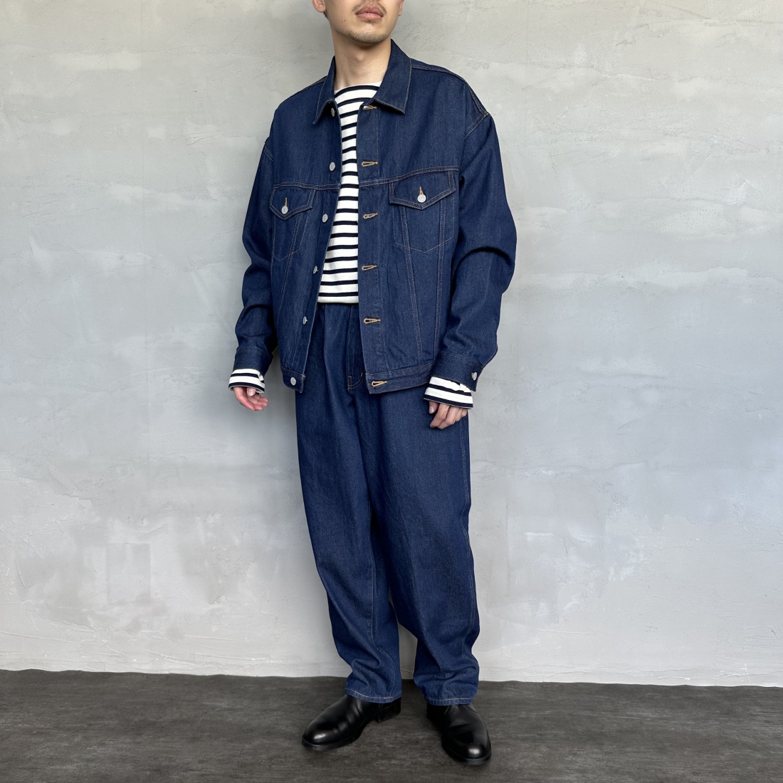 Noir Fabrik [ヌワールファブリック] デニムトラッカージャケット [NF-243-064] ONE WASH&&モデル身長：168cm 着用サイズ：M&&