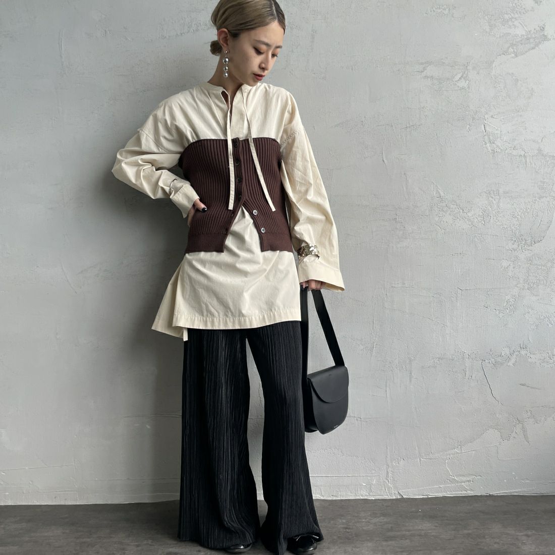 By/m [バイエム] マルチWAY フロントボタン リブニットビスチェ [24131017] 28 BROWN &&モデル身長：150cm 着用サイズ：F&&