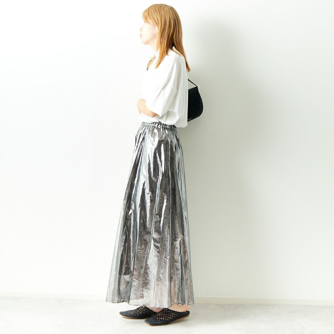Jeans Factory Clothes [ジーンズファクトリークローズ] メタリックシフォンフレアスカート [7441337] BLACK &&モデル身長：167cm 着用サイズ：F&&