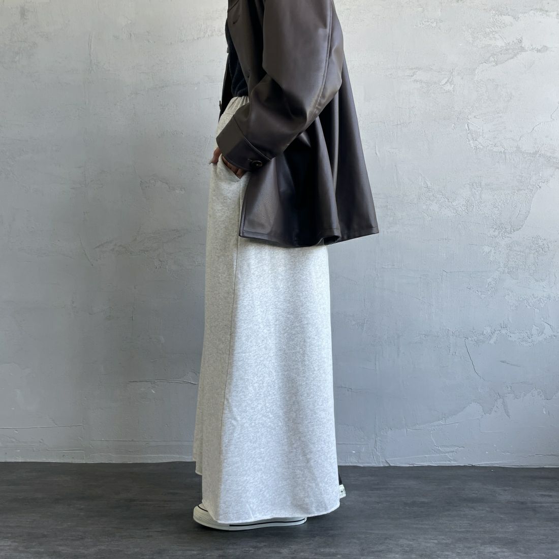 Health knit [ヘルスニット] 別注 クラシックスウェット マキシ丈フレアスカート [HR24F-L023IN-JF] H.GRAY &&モデル身長：163cm 着用サイズ：M&&