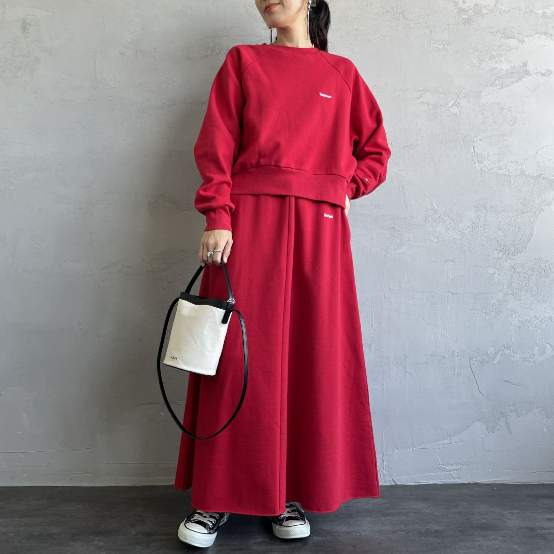 Health knit [ヘルスニット] 別注 クラシックスウェット マキシ丈フレアスカート [HR24F-L023IN-JF] RED &&モデル身長：160cm 着用サイズ：M&&
