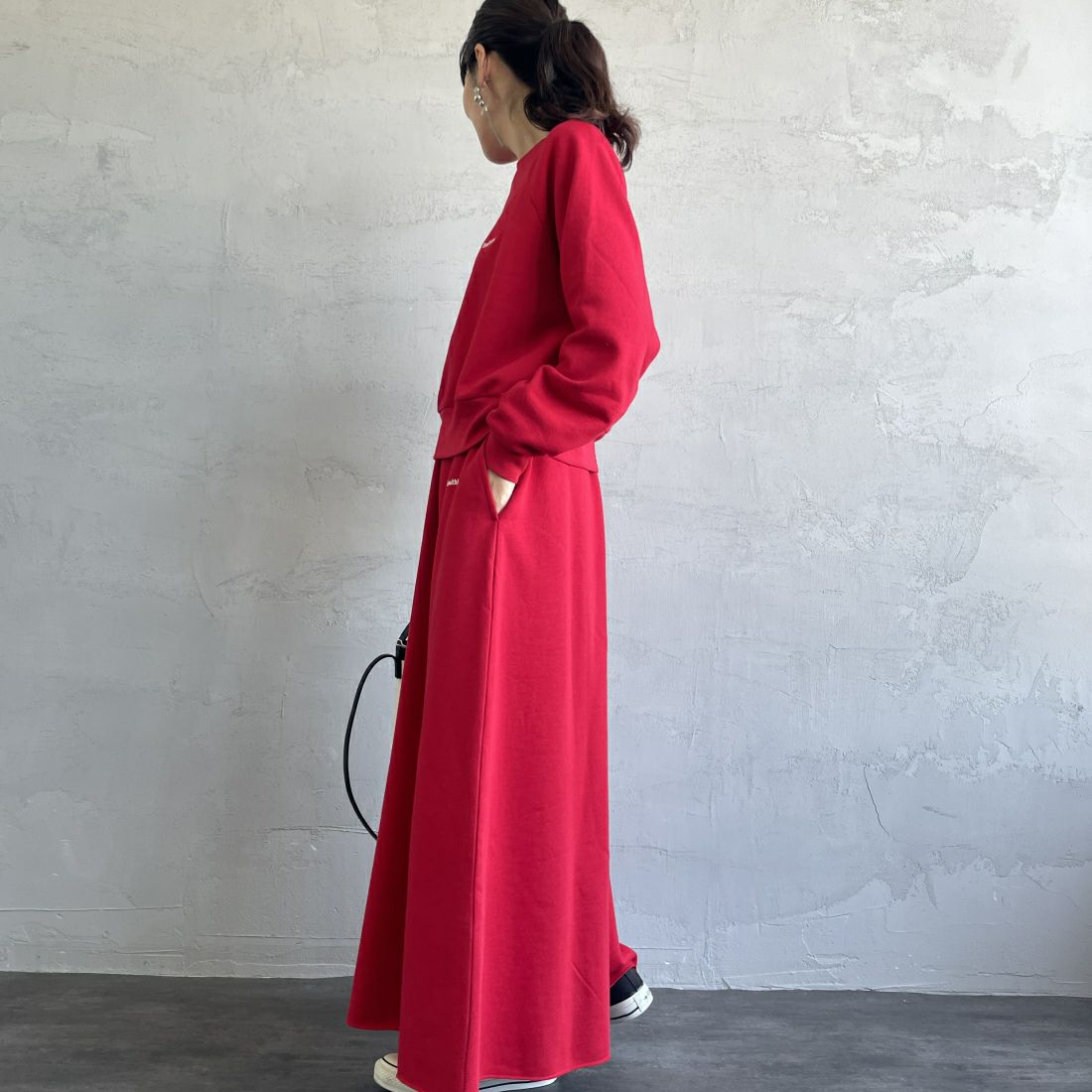 Health knit [ヘルスニット] 別注 クラシックスウェット マキシ丈フレアスカート [HR24F-L023IN-JF] RED &&モデル身長：160cm 着用サイズ：M&&