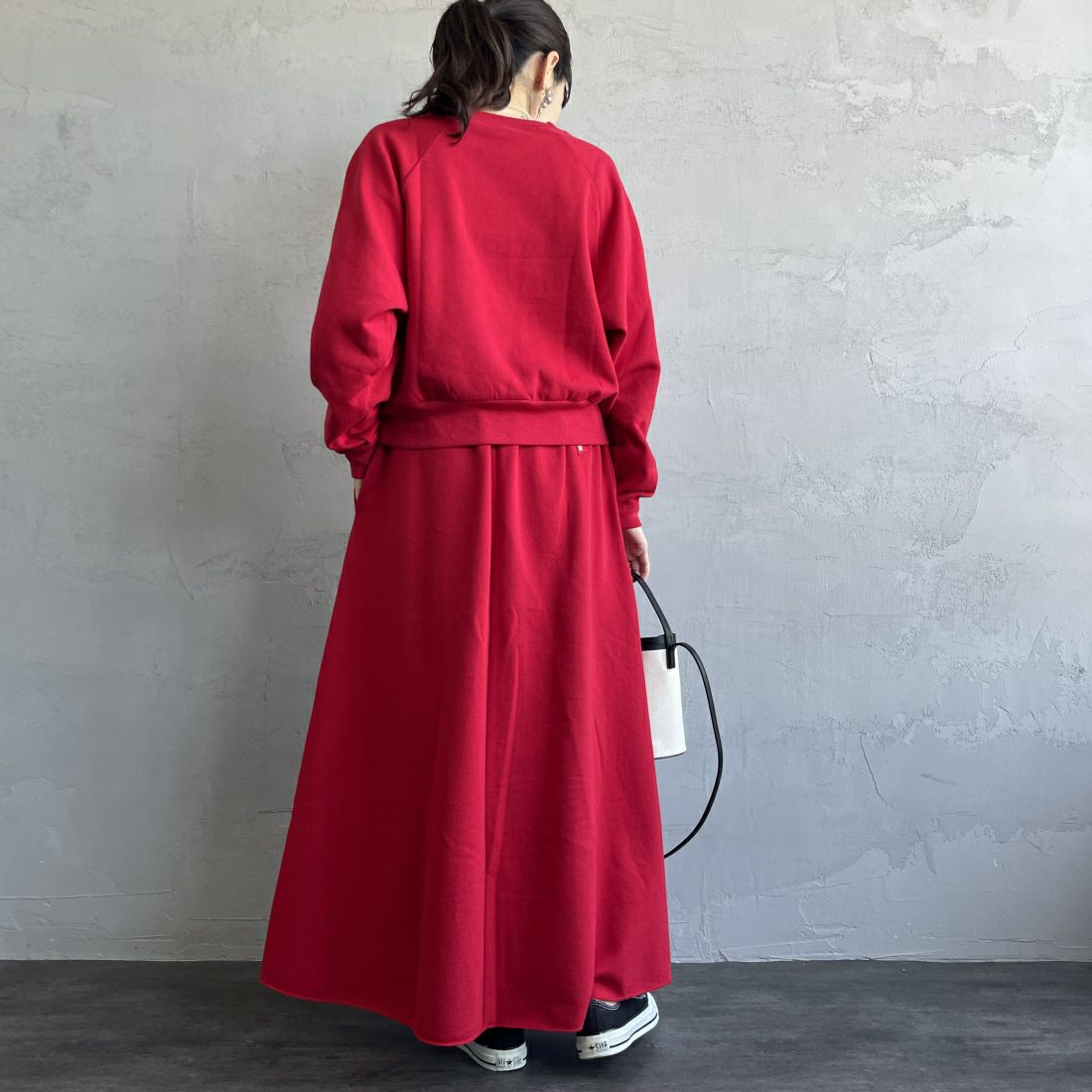 Health knit [ヘルスニット] 別注 クラシックスウェット マキシ丈フレアスカート [HR24F-L023IN-JF] RED &&モデル身長：160cm 着用サイズ：M&&