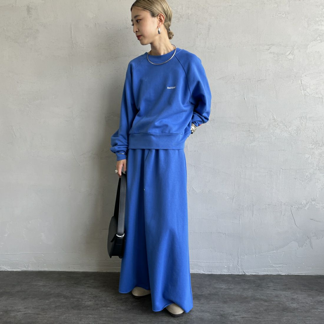 Health knit [ヘルスニット] 別注 クラシックスウェット マキシ丈フレアスカート [HR24F-L023IN-JF] BLUE &&モデル身長：150cm 着用サイズ：M&&