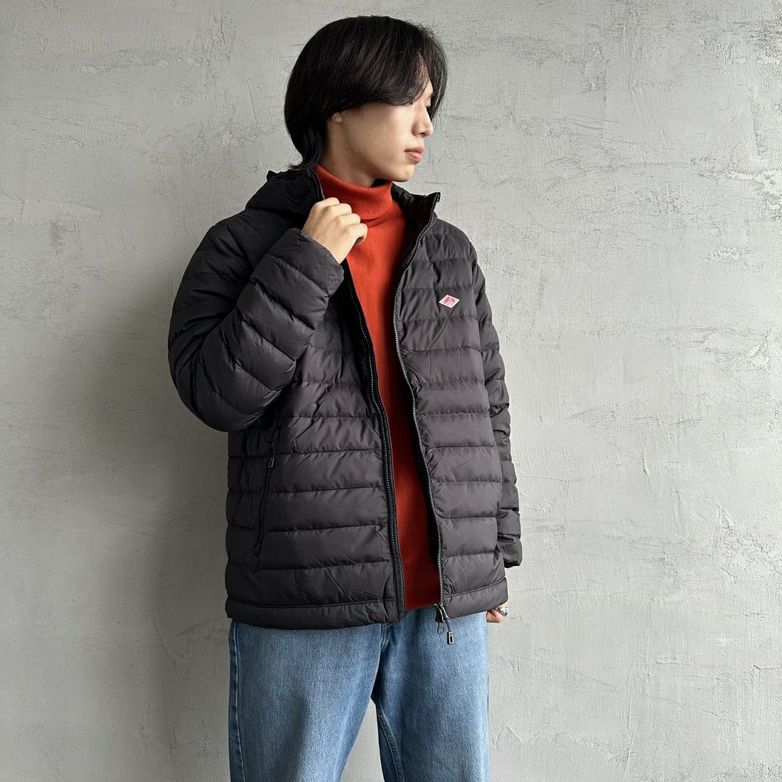 DANTON [ダントン] ミドルダウンフードジャケット [DT-A0564NRP] BLACK &&モデル身長：179cm 着用サイズ：L&&