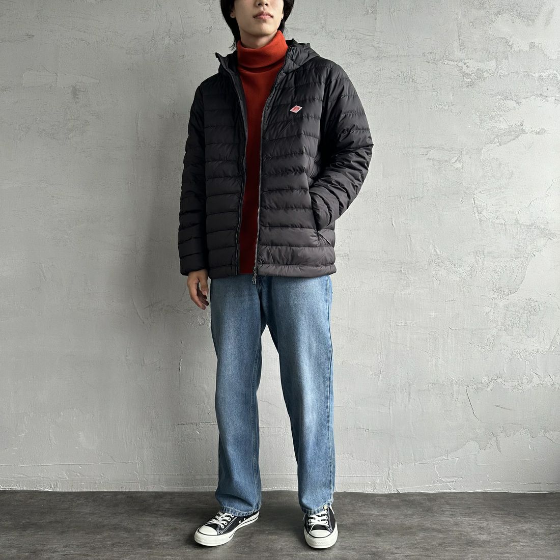 DANTON [ダントン] ミドルダウンフードジャケット [DT-A0564NRP] BLACK &&モデル身長：179cm 着用サイズ：L&&