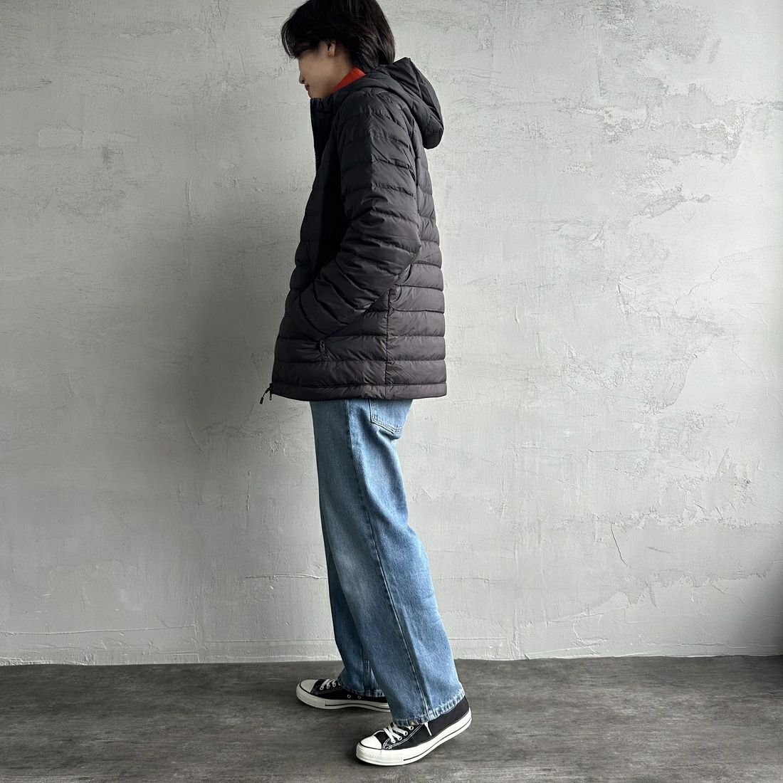 DANTON [ダントン] ミドルダウンフードジャケット [DT-A0564NRP] BLACK &&モデル身長：179cm 着用サイズ：L&&