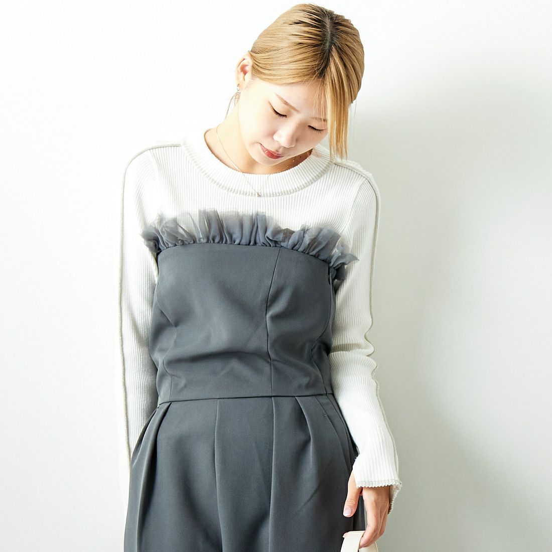 USINE [ユジーヌ] チュールベアサロペット [2430301] CHARCOAL &&モデル身長：167cm 着用サイズ：F&&