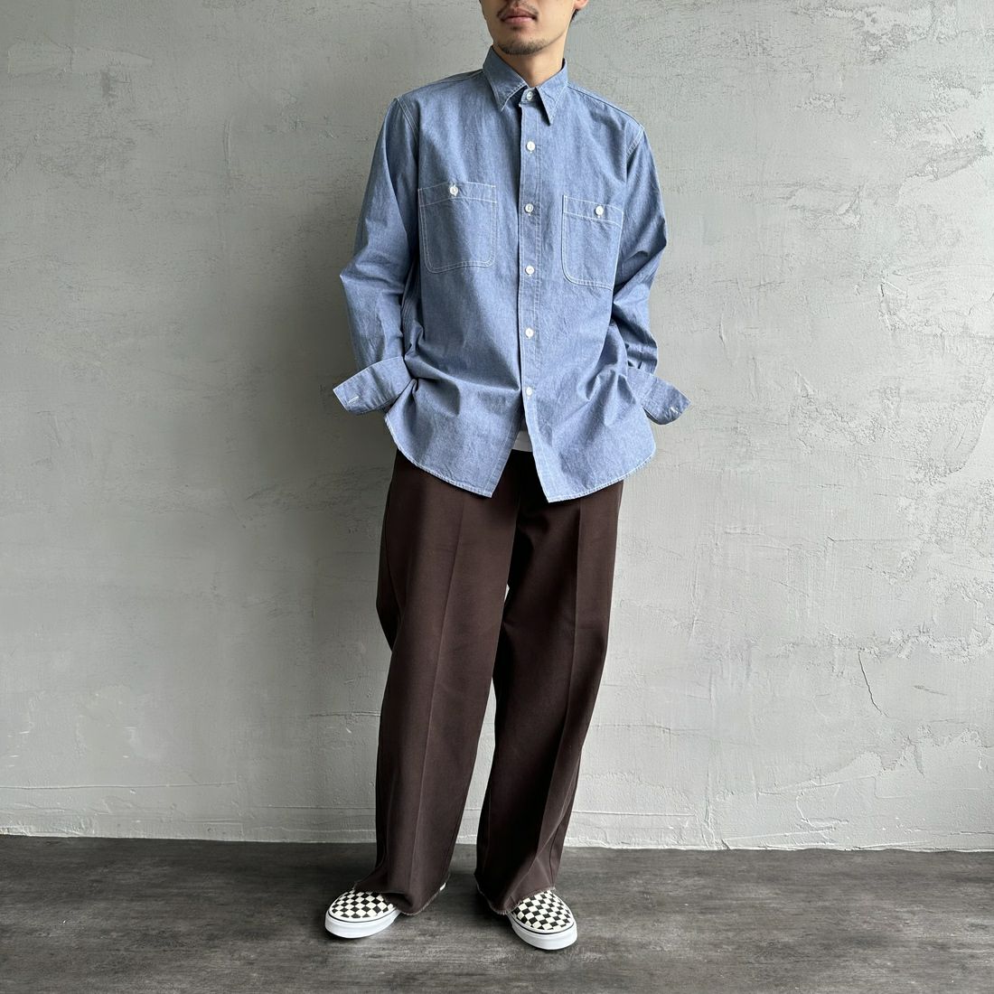 PAY DAY [ペイデイ] 別注 シャンブレーシャツ [PD21-SH-IN4-JF] BLUE &&モデル身長：168cm 着用サイズ：M&&