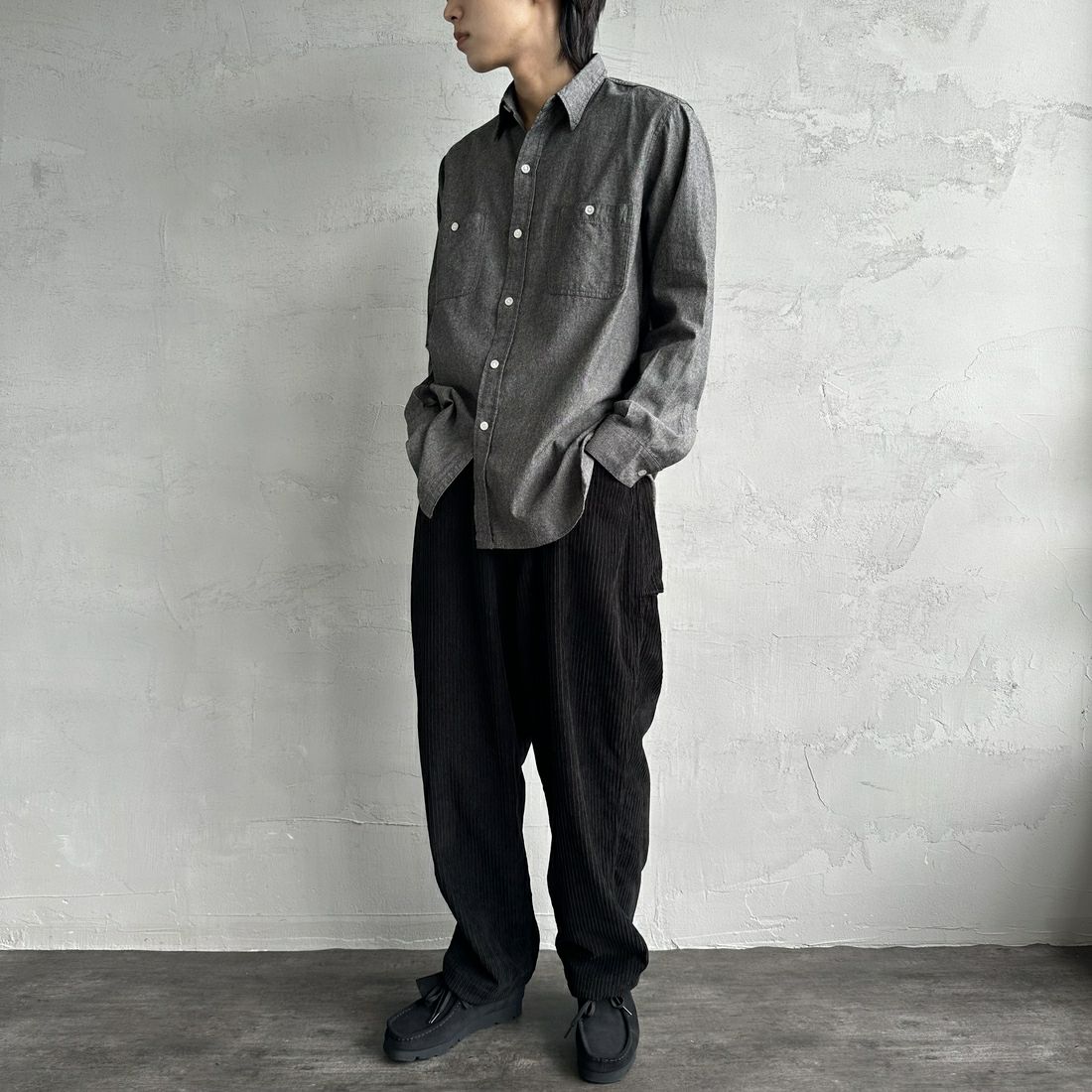 PAY DAY [ペイデイ] 別注 シャンブレーシャツ [PD21-SH-IN4-JF] BLACK &&モデル身長：179cm 着用サイズ：L&&