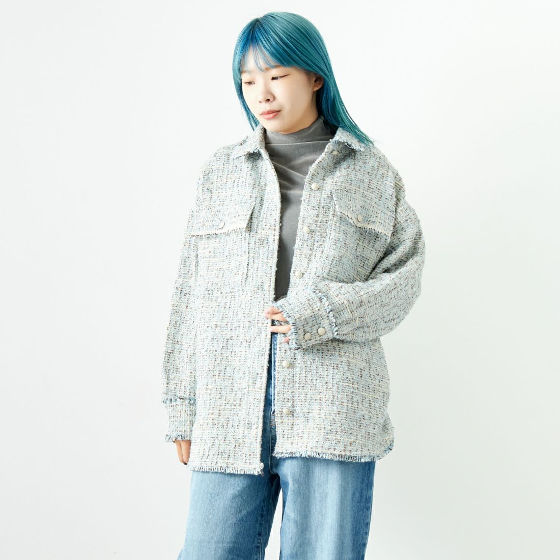 Jeans Factory Clothes [ジーンズファクトリークローズ] フロッキーチュールタートルTシャツ [21243065] 001 Lｸﾞﾚｰ &&モデル身長：167cm 着用サイズ：F&&