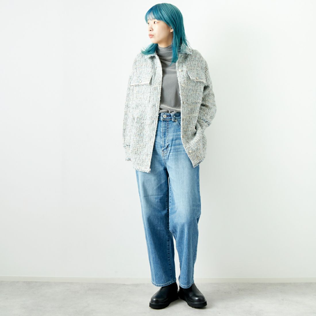 Jeans Factory Clothes [ジーンズファクトリークローズ] フロッキーチュールタートルTシャツ [21243065] 001 Lｸﾞﾚｰ &&モデル身長：167cm 着用サイズ：F&&