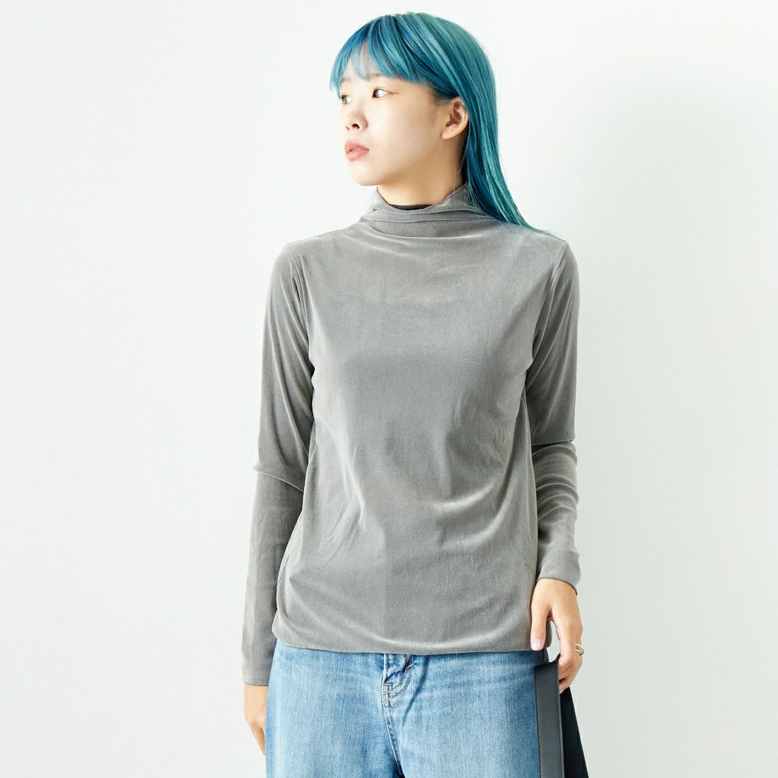 Jeans Factory Clothes [ジーンズファクトリークローズ] フロッキーチュールタートルTシャツ [21243065] 001 Lｸﾞﾚｰ &&モデル身長：167cm 着用サイズ：F&&