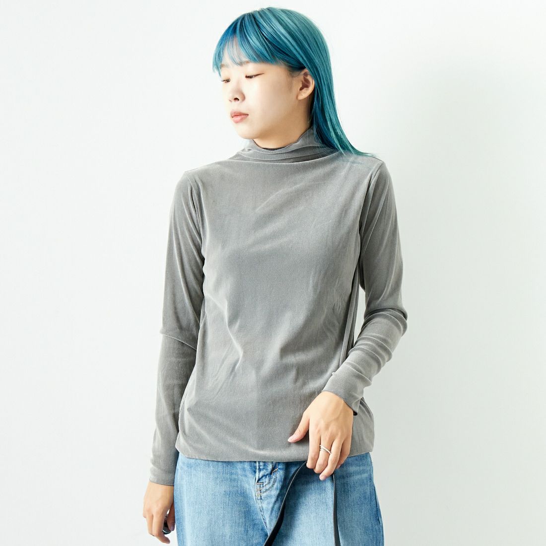 Jeans Factory Clothes [ジーンズファクトリークローズ] フロッキーチュールタートルTシャツ [21243065] 001 Lｸﾞﾚｰ &&モデル身長：167cm 着用サイズ：F&&