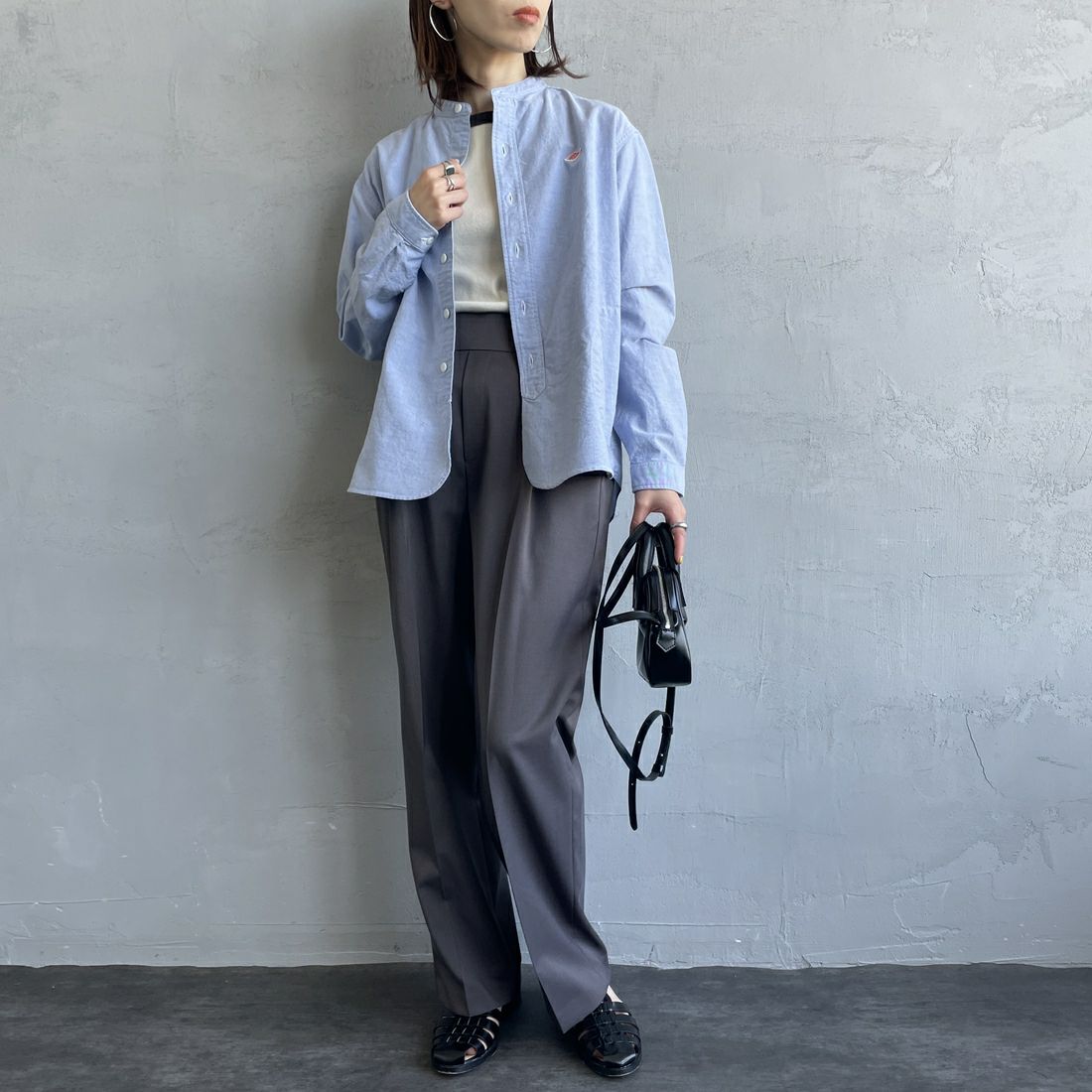 DANTON [ダントン] オックスフォード バンドカラーシャツ [DT-B0279SOX] BLUE &&モデル身長：158cm 着用サイズ：38&&