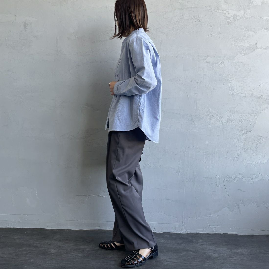 DANTON [ダントン] オックスフォード バンドカラーシャツ [DT-B0279SOX] BLUE &&モデル身長：158cm 着用サイズ：38&&