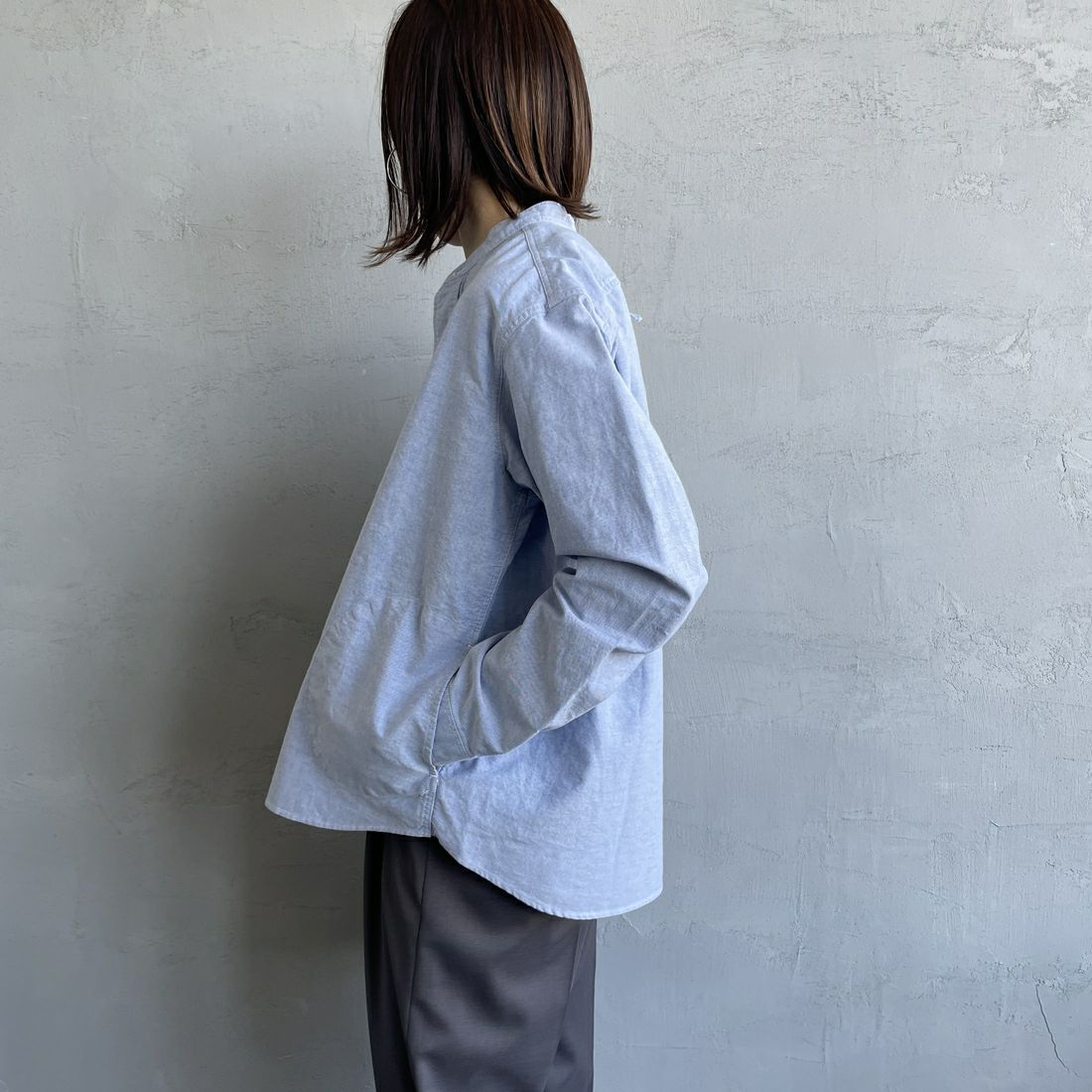 DANTON [ダントン] オックスフォード バンドカラーシャツ [DT-B0279SOX] BLUE &&モデル身長：158cm 着用サイズ：38&&