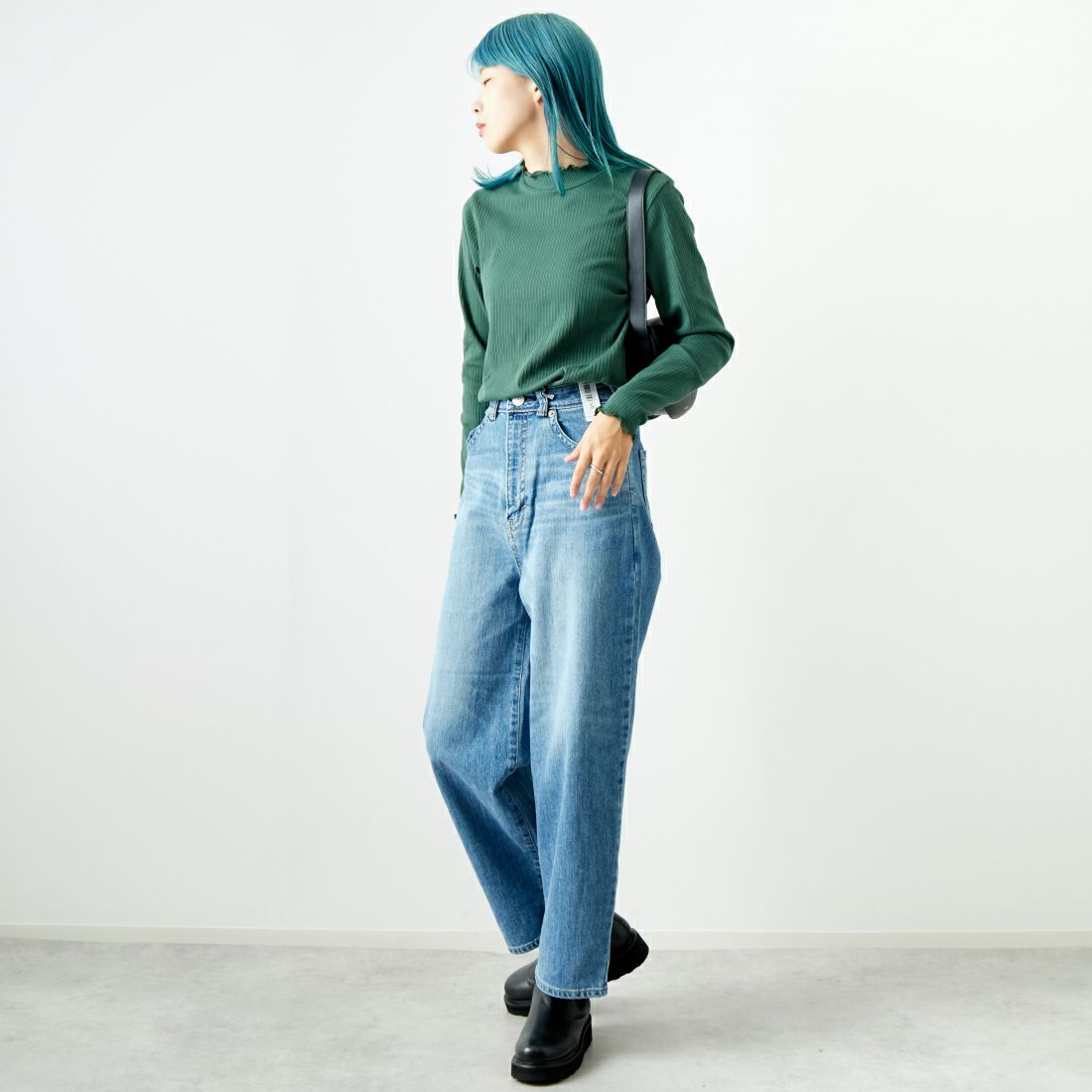 Jf Ready Made [ジェイエフレディメイド] ランダムテレコメローハイネックTシャツ [3005103] 401 ｸﾞﾘｰﾝ &&モデル身長：167cm 着用サイズ：F&&