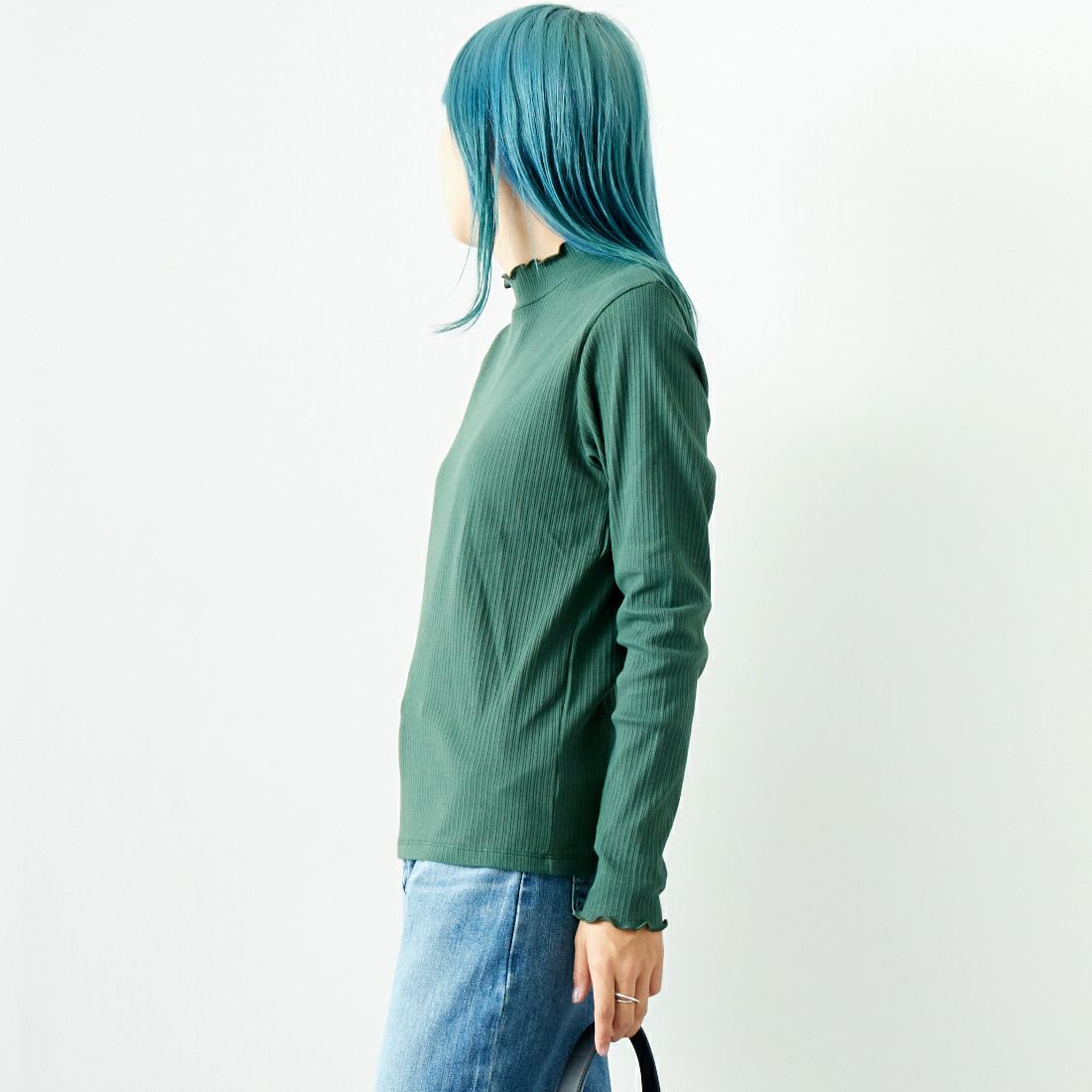 Jf Ready Made [ジェイエフレディメイド] ランダムテレコメローハイネックTシャツ [3005103] 401 ｸﾞﾘｰﾝ &&モデル身長：167cm 着用サイズ：F&&