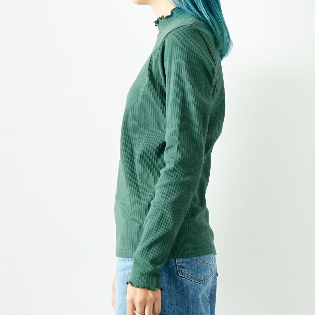 Jf Ready Made [ジェイエフレディメイド] ランダムテレコメローハイネックTシャツ [3005103] 401 ｸﾞﾘｰﾝ &&モデル身長：167cm 着用サイズ：F&&