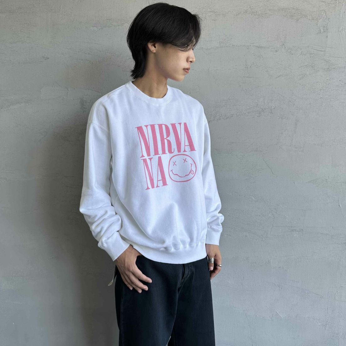 GOOD ROCK SPEED [グッドロックスピード] 別注 NIRVANA プリントスウェット [INTN-021-JF] WHITE &&モデル身長：179cm 着用サイズ：XL&&
