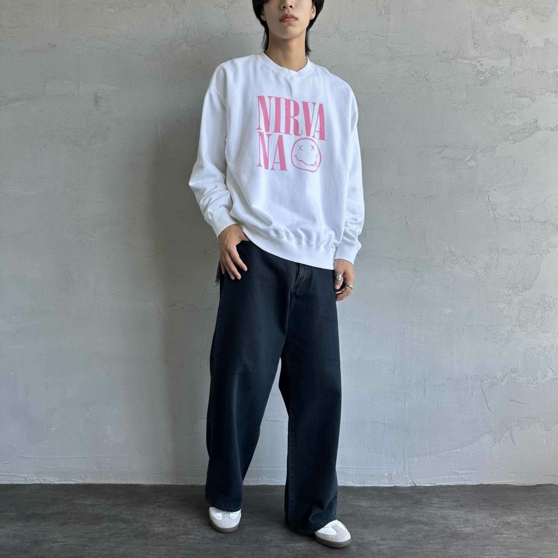 GOOD ROCK SPEED [グッドロックスピード] 別注 NIRVANA プリントスウェット [INTN-021-JF] WHITE &&モデル身長：179cm 着用サイズ：XL&&