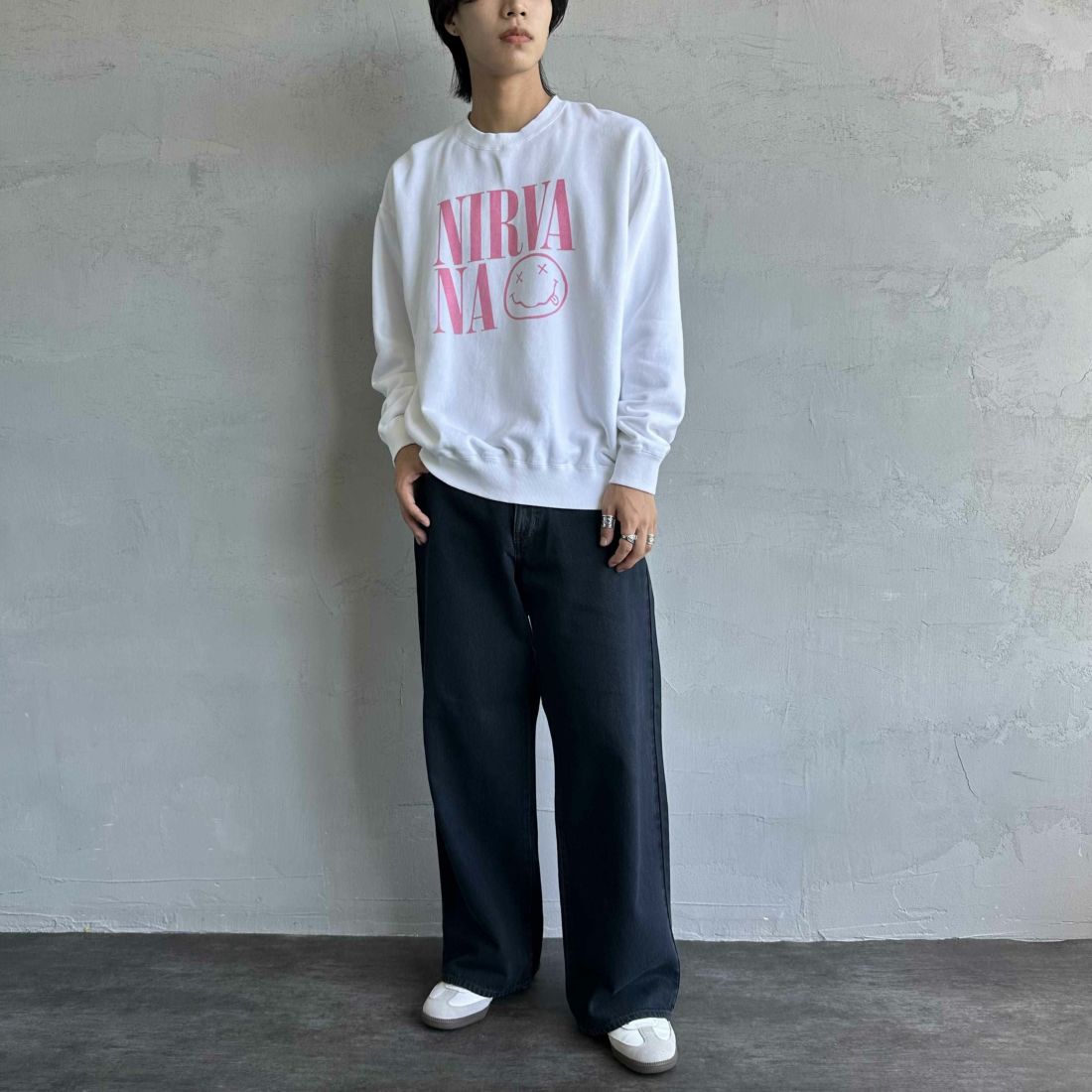 GOOD ROCK SPEED [グッドロックスピード] 別注 NIRVANA プリントスウェット [INTN-021-JF] WHITE &&モデル身長：179cm 着用サイズ：XL&&