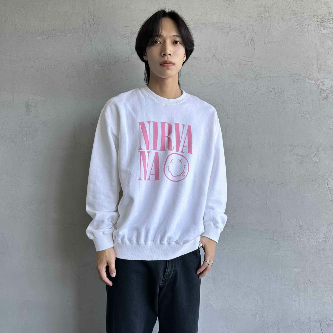 GOOD ROCK SPEED [グッドロックスピード] 別注 NIRVANA プリントスウェット [INTN-021-JF] WHITE &&モデル身長：179cm 着用サイズ：L&&