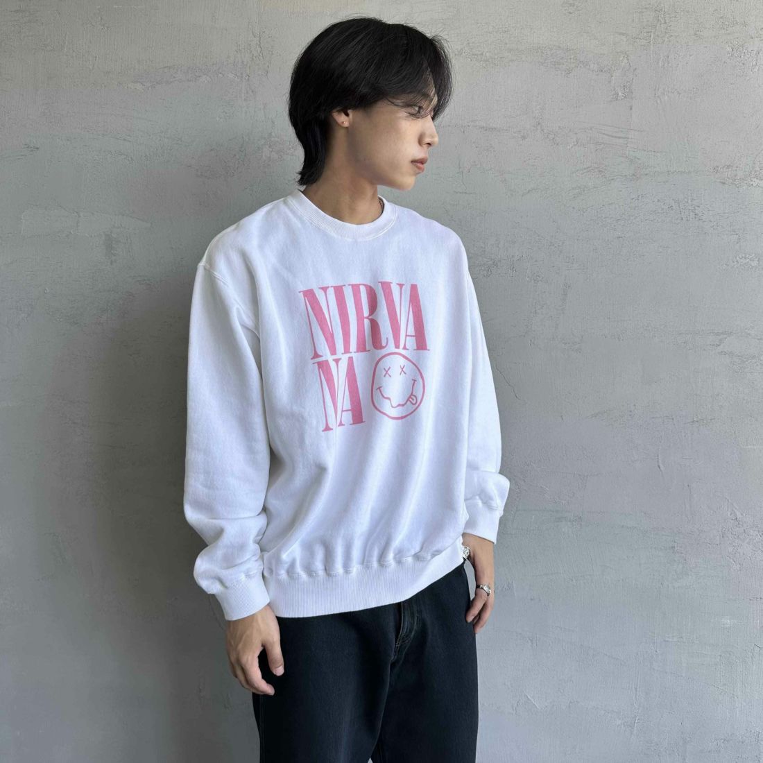 GOOD ROCK SPEED [グッドロックスピード] 別注 NIRVANA プリントスウェット [INTN-021-JF] WHITE &&モデル身長：179cm 着用サイズ：L&&