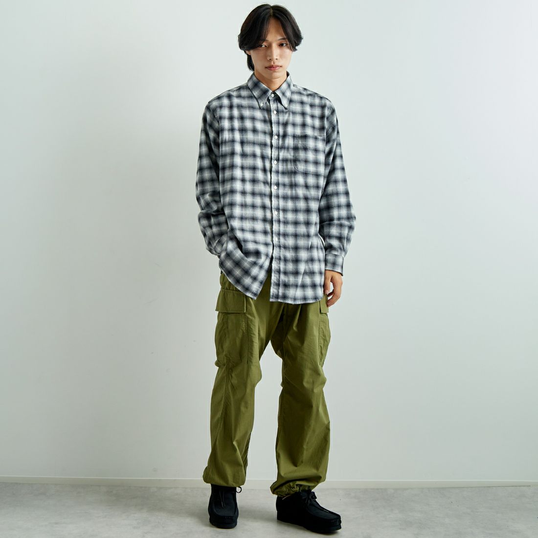 INDIVIDUALIZED SHIRTS [インディビジュアライズド シャツ] 別注 フランネルプレイドシャツ [IS200000001-JF] R12GFP BLK &&モデル身長：179cm 着用サイズ：16H&&