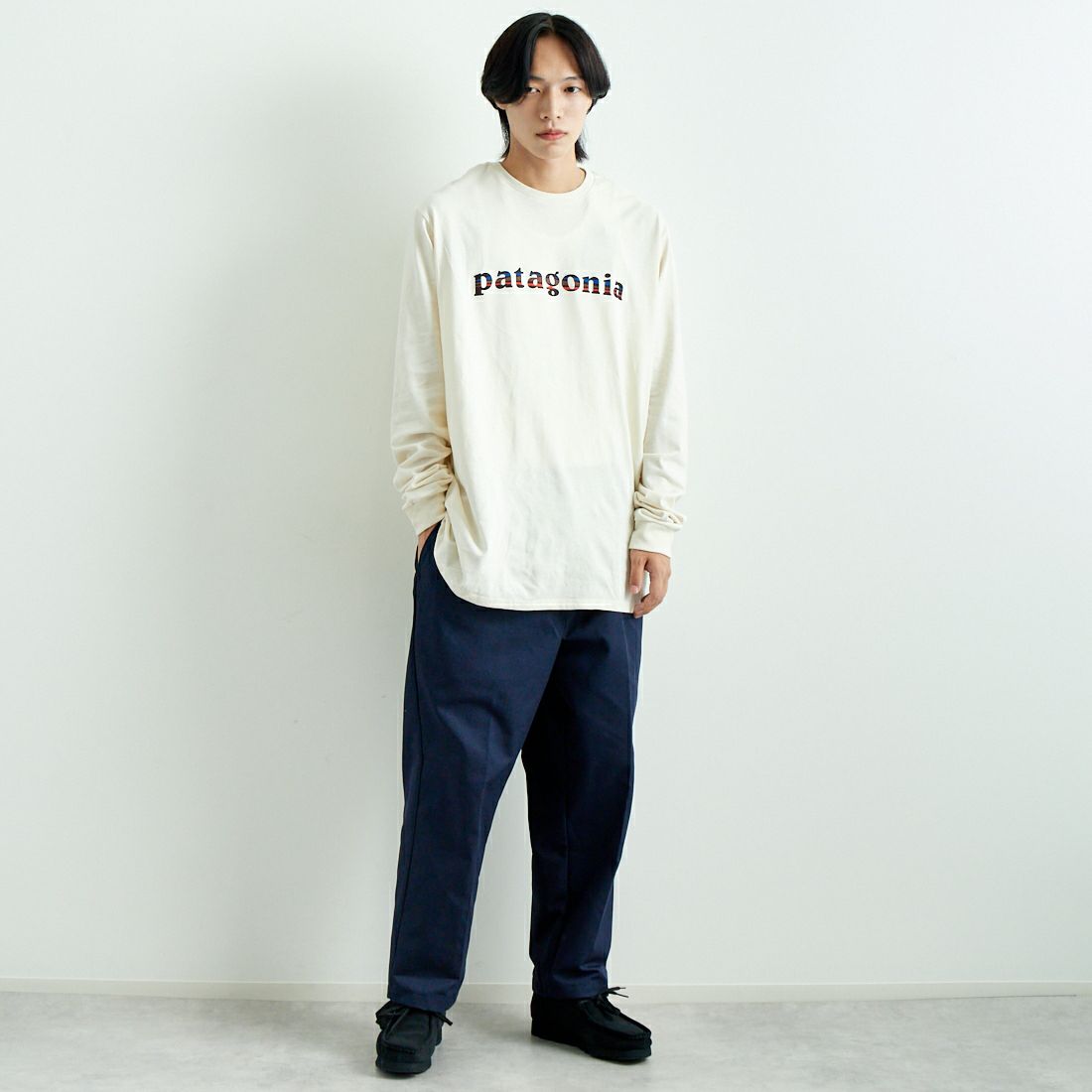 patagonia [パタゴニア] メンズ 73テキストロゴ レスポンシビリティーTシャツ [37780] BCW &&モデル身長：179cm 着用サイズ：L&&