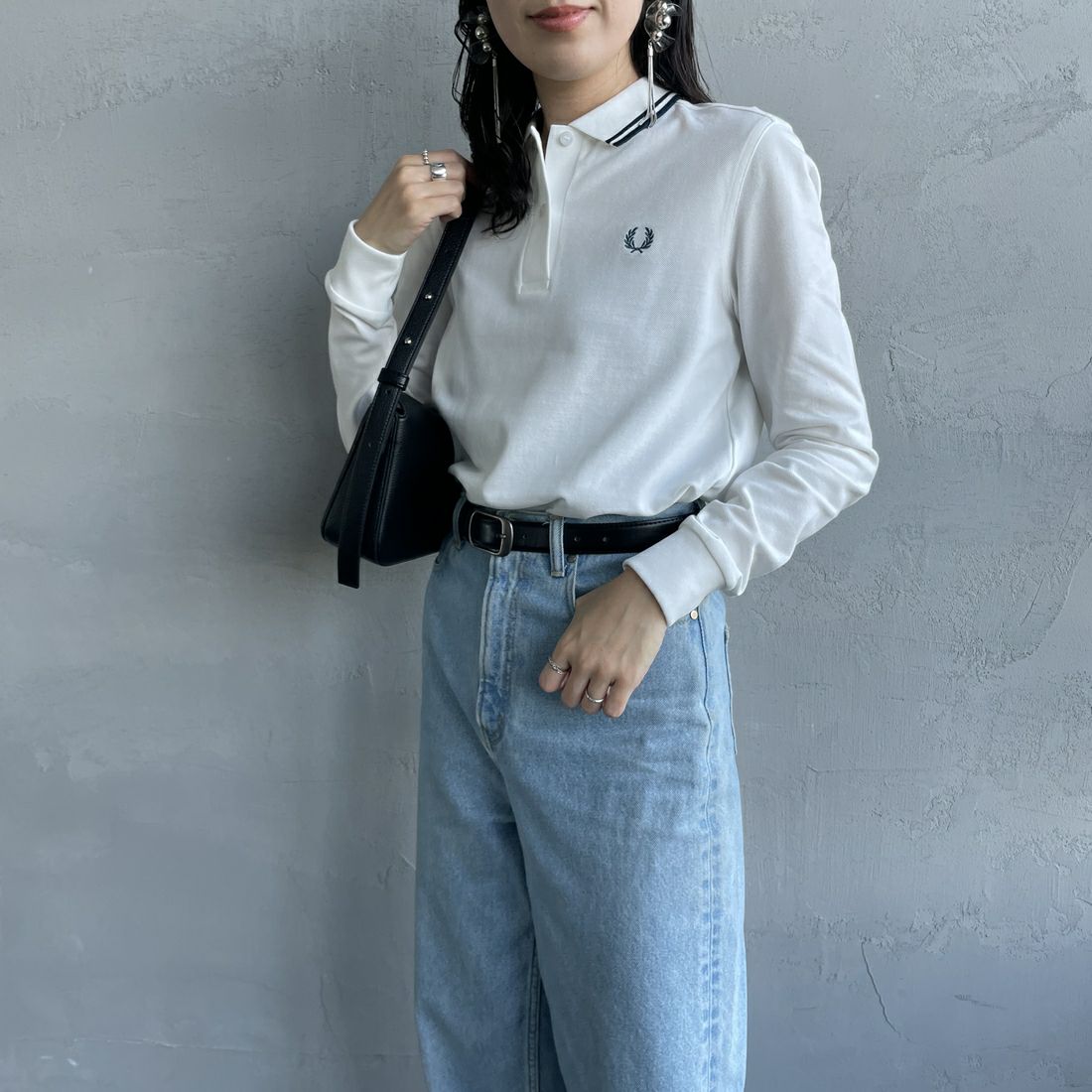 FRED PERRY [フレッドペリー] ツインティップライン ロングスリーブポロシャツ [G3636] Z78 SNOW W &&モデル身長：160cm 着用サイズ：10&&