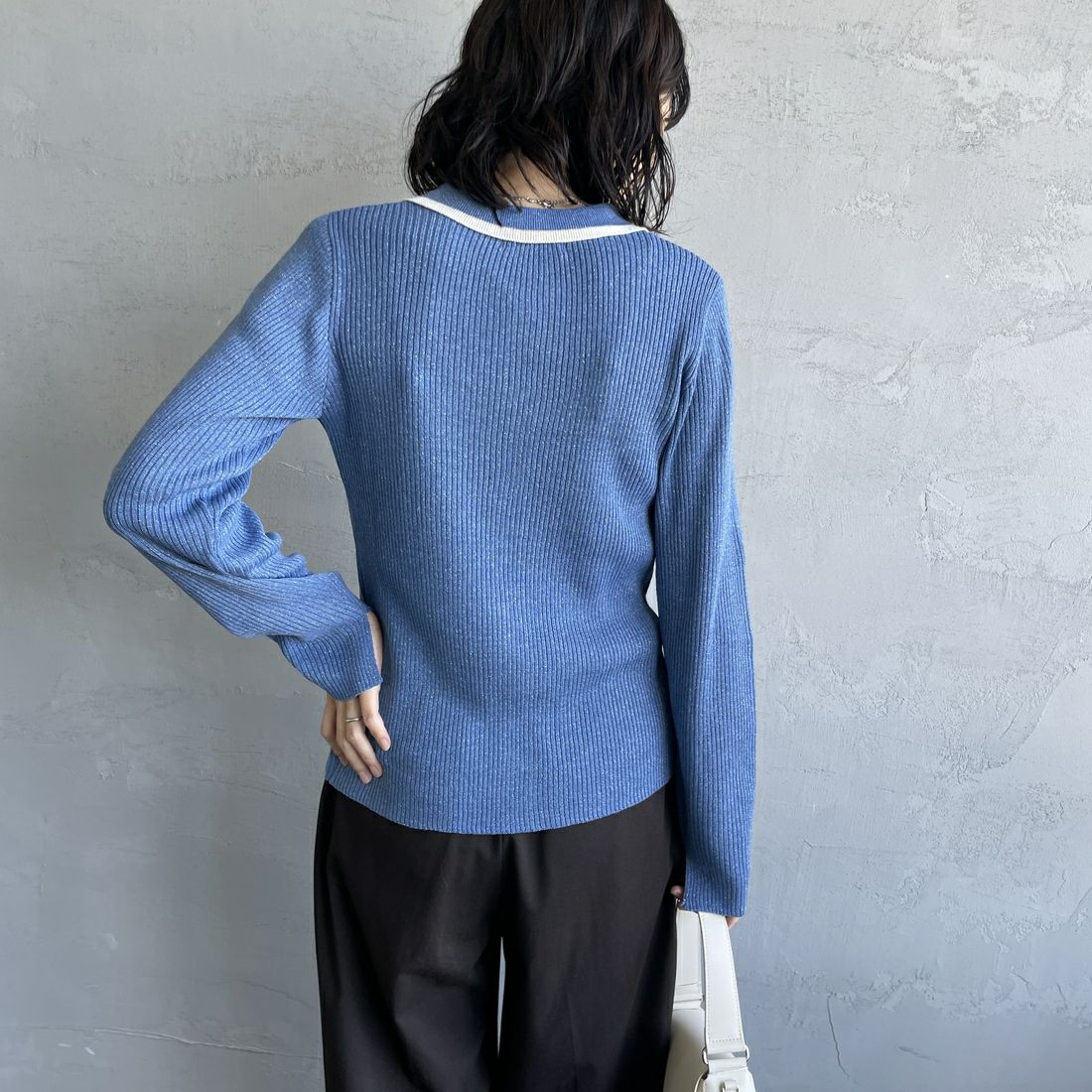 By/m [バイエム] ラメニットポロカーディガン [B24132019] 10 SAX/OFF &&モデル身長：160cm 着用サイズ：F&&