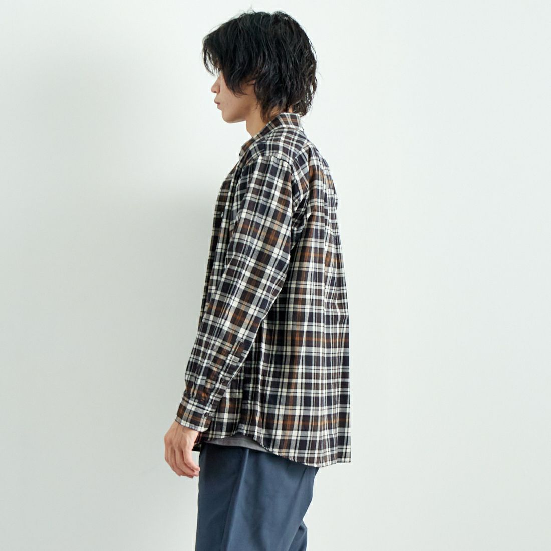 Gymphlex [ジムフレックス] ボタンダウン チェックシャツ [GY-B0196CTE] NV/L.BR CK &&モデル身長：182cm 着用サイズ：L&&