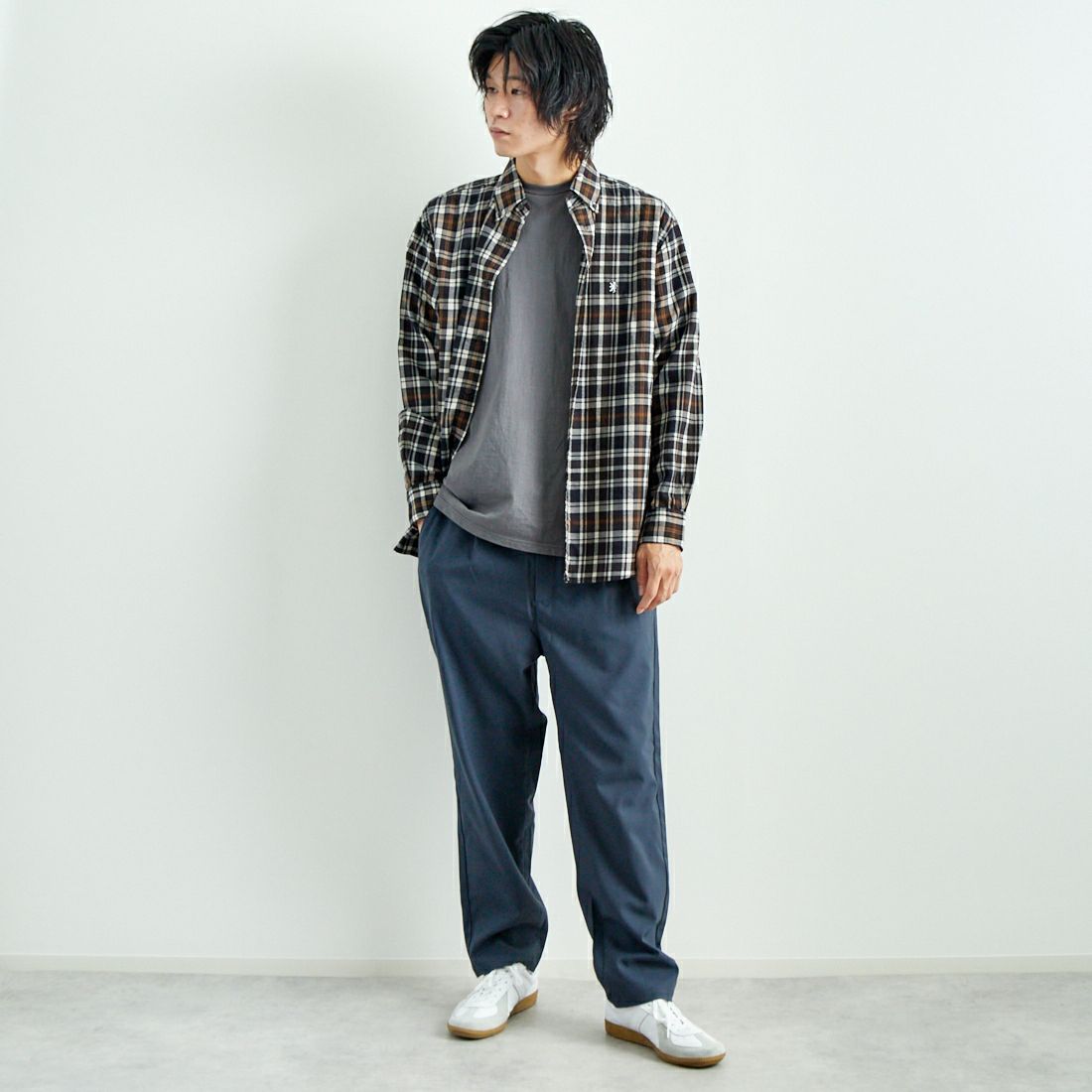 Gymphlex [ジムフレックス] ボタンダウン チェックシャツ [GY-B0196CTE] NV/L.BR CK &&モデル身長：182cm 着用サイズ：L&&